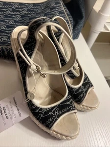 Gucci Platforms High Heel Wedge Sandals 8 Blue Denim Monogram & White Ankle Wrap - Picture 1 of 24