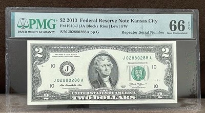 2013 GEM UNC $2 TRINARY REPEATER FANCY SERIAL NUMBER PMG 66 EPQ (02880288) - Image 1 of 3