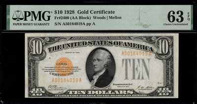1928 年 10 美元黄金证书 FR-2400 - PMG 63 EPQ - 未流通可选 — 第 1/2 张图片