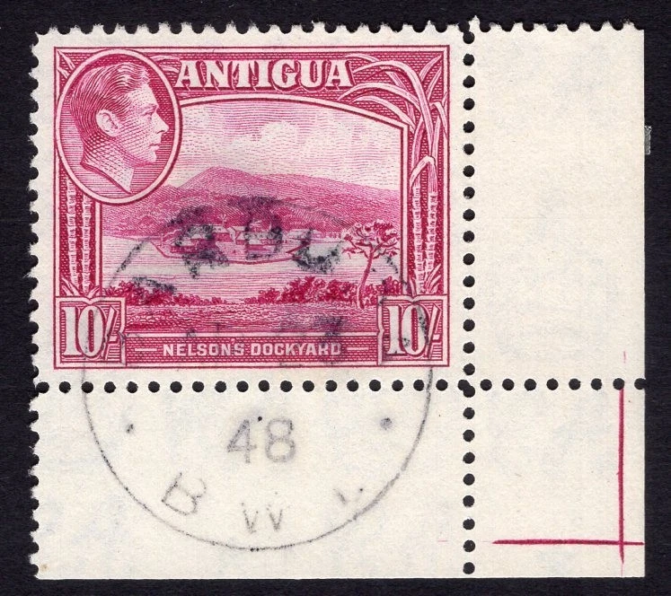 ANTIGUA 1938-51 KGVI DEFINITIVO 10/- MAGENTA COPIA ESQUINA FINA BARBUDA CDS USADOS Foto 1 de 1