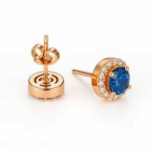 Elegantes Pendientes Oro Rojo 585 RG Oro Rosa Pendientes con Zafiro Azul Circonita 10mm - Imagen 1 de 2