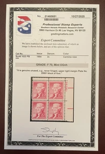 Thomas Jefferson Plate Block 4 2c Postage Stamps, Sc# 1033, MNH, OG PSE CERT - Picture 1 of 3