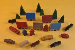 VTG Erzgebirge Village Painted Wooden Houses Animals Trees People Cars 23 Pcs - Picture 1 of 12