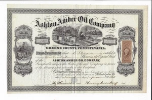 PENNSYLVANIA 1865 Ashton Amber Oil Company Stock Certificate #12 Greene County - Picture 1 of 2