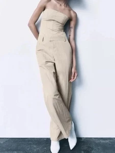 Zara Women’s Strapless Nylon Jumpsuit Beige Sz L NWOT - Picture 1 of 12