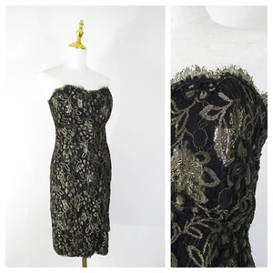 Vintage Victor Costa Gold Metallic Floral Lace Strapless Dress Size 8 Formal - Picture 1 of 12