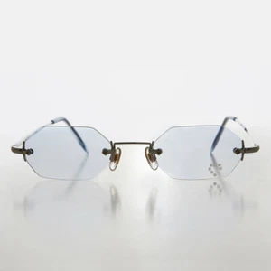 Blue Rimless Hexagon White Rhinestone Vintage Sunglass - Splashy - Picture 1 of 3