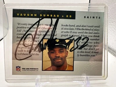 1992 Pro Line Portraits Vaughn Dunbar #39 Saints Autographed NFL Football Card  - Image 1 of 2