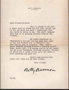 Carta de respuesta de ventilador vintage Betty Bronson - Imagen 1 de 1