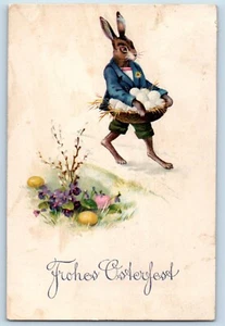Oster Postkarte anthropomorpher Hase mit Eiern Blumen Pfeife Beere um 1910 - Bild 1 von 3