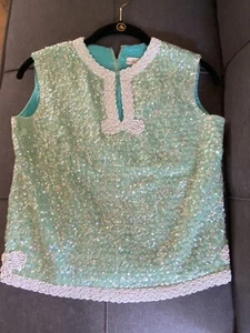 Vintage 50s 60s Hong Kong Handmade BEAUTIFUL Green Aqua Wool Beaded Sequin Top M - Picture 1 of 6