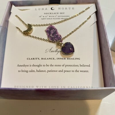 Conjunto de Colar Luna Norte Ametista 14KT Banhado Latão-Clareza Equilíbrio Cura NOBOX - Imagem 1 de 3