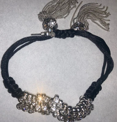 Pulsera BETSEY JOHNSON Cristal Cordón Negro Disco Bola y Borla Foto 1 de 4