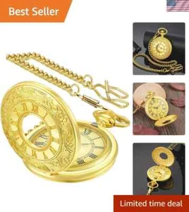 Timeless Gold Pocket Watch with Roman Numerals and Chain - Elegant Gift Choice - Picture 1 of 10