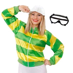 WOMENS JOCKEY COSTUME 3 PIECE SET HORSE RACING FANCY DRESS JACKET CAP GOGGLES - Picture 1 of 7