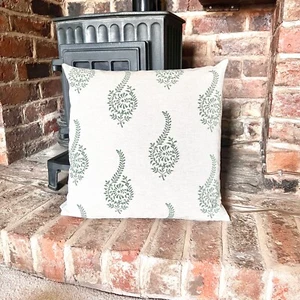 1315. Green HUMBER LINEN LOOK Block print 100% Cotton Cushion Cover - Picture 1 of 7