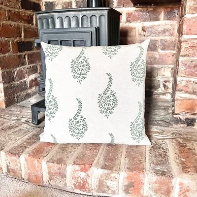 1315. Green HUMBER LINEN LOOK Block print 100% Cotton Cushion Cover - Image 1 of 4