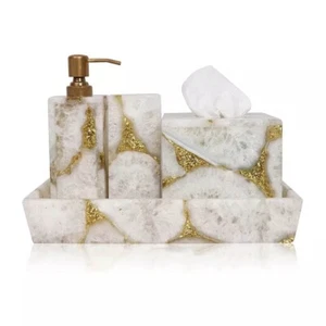 Juego de baño de piedra de cuarzo roca blanca con soporte de pañuelos y juego de tocador de 4 piezas - Imagen 1 de 8
