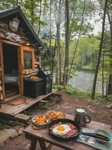 Cabin By The River Poster 24 x 18 Zoll Frühstück Kochen Outdoor Camping Schön! - Bild 1 von 2