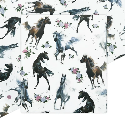 Horse Wrapping Paper for Girls Boys, Galloping Horses and Floral Print on the Wh - Image 1 of 4