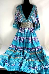 ANTICA SARTORIA 2024 AQUA PURPLE ECRU & WHITE LONG TIE BACK DRESS OS NWT - Picture 1 of 6