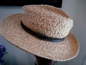 DORFMAN PACIFIC COMPANY 100% NATURAL WEAVED RAFFIA STRAW HAT, LEATHER BAND S/M - Picture 1 of 4
