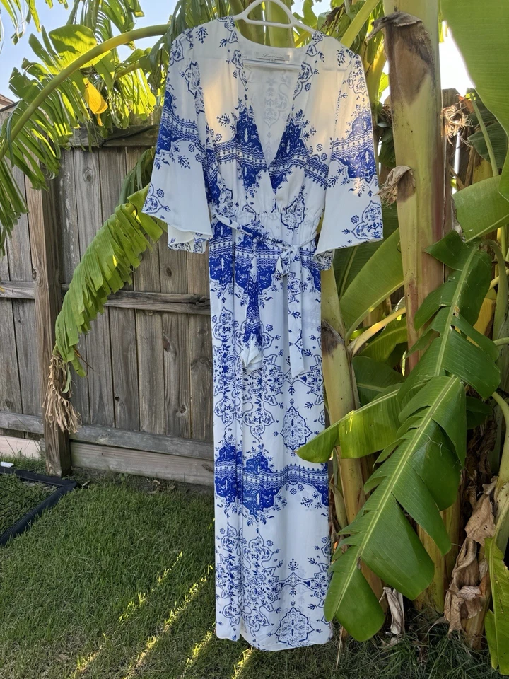 Vestido Ashton Lovers + Friends en templo mameluco para mujer nuevo con etiquetas azul blanco cachemira maxi Foto 1 de 4