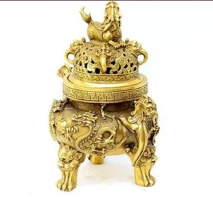 Antiguo trípode incensario de bronce perro dragón cabeza de león estatua bestia quemadores de incienso - Imagen 1 de 2