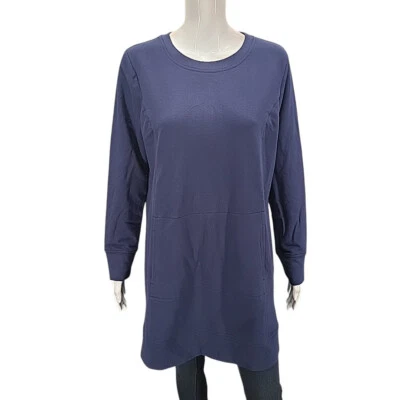 Denim Co Active Womens French Terry Pullover Tunic Petite Medium Size Navy Top - Image 1 of 4