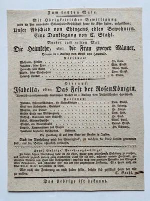 Theater in  Ehingen - Die Heimkehr - seltener original Flyer um  1820 - Bild 1 von 2