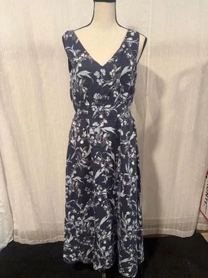 VESTIDO MIDI C&C CALIFORNIA 100% LINO AZUL BLANCO FLORAL CUELLO EN V TALLA 6 BOLSILLOS Foto 1 de 4