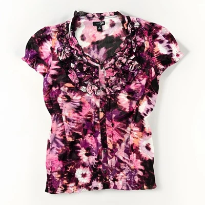 Blusa East5th Pequeña Rosa Púrpura Volantes Botón Frontal Floral Transparente Top Para Mujer’s Foto 1 de 4