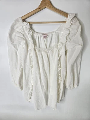 Victoria's Secret Floral Lace Trim Ruffle Boho Cotton Tunic Top White Sz. XS - Image 1 of 4