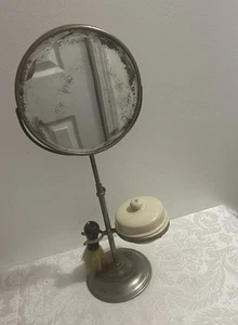Antique Pivoting Brass. Badger Hair Brush Shaving Mirror & Yellow Ironstone Jar. - Picture 1 of 13