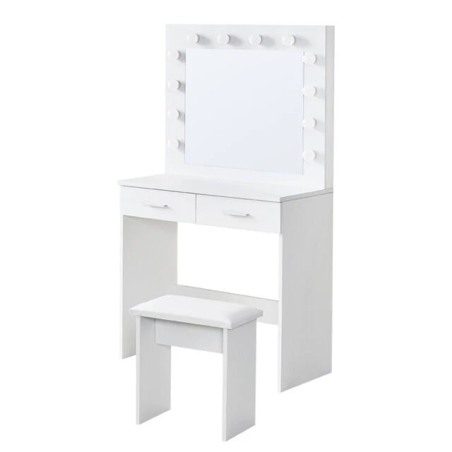 OFCASA White Dressing Table with LED Lights and Stool - White (SGJSDR019WH)