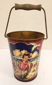 SQUARE NEST ANTIQUE STYLE 1905 DECORATED TIN LITHO BEACH PAIL / BUCKET - Picture 1 of 2