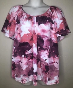 Blusa Camisa Top Rosa Púrpura Estampado Floral 14 16 Mangas Cortas Acampanadas Pull On - Imagen 1 de 6
