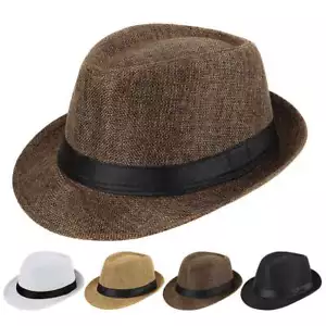 Men Women Straw Jazz Fedora Hat Trilby Cuban Sun Cap Panama Short Brim Summer - Picture 1 of 16