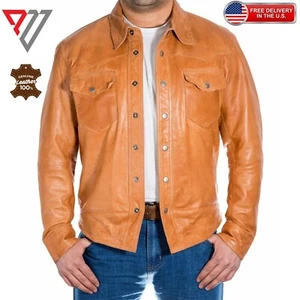 Men's Genuine Lambskin Soft Tan Brown Leather Slim Fit Full Sleeve Button Shirt - Picture 1 of 3