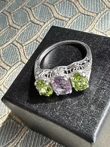 Antiker filigraner Art Deco Sterlingsilber Amethyst & Peridot Ring Gr. 7,5 - Bild 1 von 24