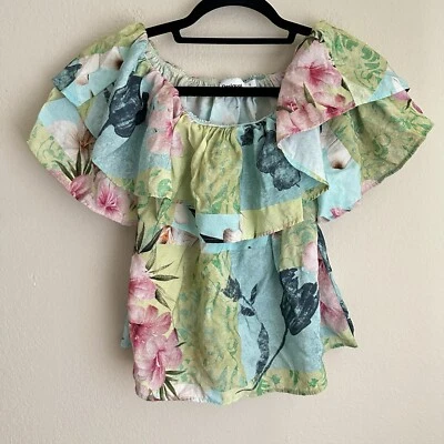 Blusa Desigual Floral Con Volantes Para Mujer Pequeña Hawaiana Resort Ropa Playa Boho Foto 1 de 4