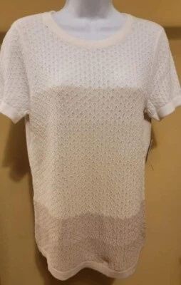 NWT $38 Mercer Street Studio White Beige Combo Short Sleeve Knit Lady Top Sz M - Image 1 of 3
