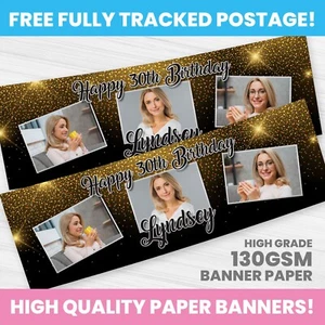 FOTO PERSONALIZADA BANDERA DE CUMPLEAÑOS CUALQUIER NOMBRE DECORACIÓN FIESTA BRILLO DORADO - Imagen 1 de 3