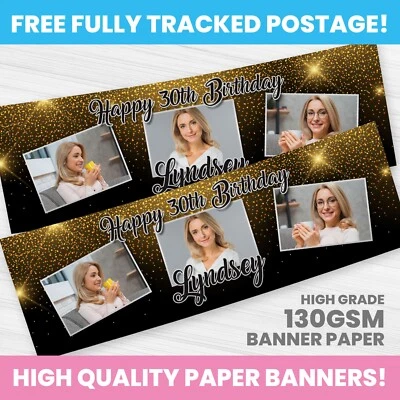 HAPPY HIPPO PARTY SUPPLIES PERSONALISED PHOTO BIRTHDAY BANNER ANY NAME PARTY DECORATION GOLD GLITTER