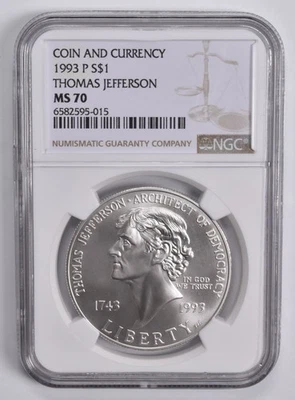 MS70 1993-P Jefferson Commem. Silver Dollar Coin & Currency NGC Brown Lbl *3944 - Image 1 of 4