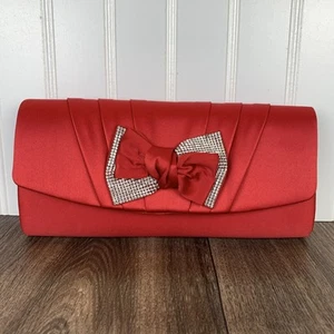 Lulu Townsend Red Satin Clutch Shoulder Handbag Rhinestone Bling Bow 9" x 4" - Picture 1 of 16