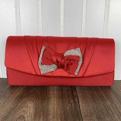 Lulu Townsend Red Satin Clutch Shoulder Handbag Rhinestone Bling Bow 9" x 4" - Image 1 of 4