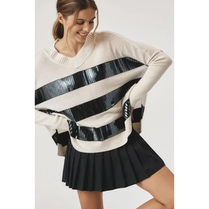 Maglione pullover Anthropologie Maeve 100% cashmere paillettes bianco e nero taglia large - Foto 1 di 8