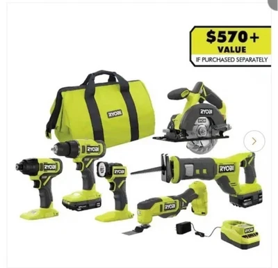 Ryobi PCL1600K2 18V Cordless Variable Speed 6-Tool Combo Kit Set 2Batteries NEW! - Image 1 of 4