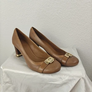 Tory Burch hellbraune goldfarbene Damen-Pumps Leder klobiger Absatz runde Spitze Größe 8,5 - Bild 1 von 15
